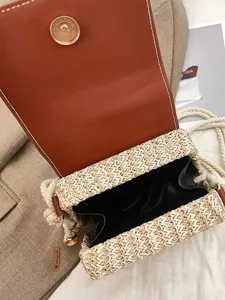 Straw woven box bag women summer crossbody shoulder bag fashion thick rope hardshell handbag