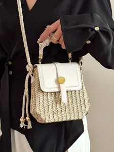 Stylish straw woven crossbody bag for women, chic mini box handbag with leather flap.