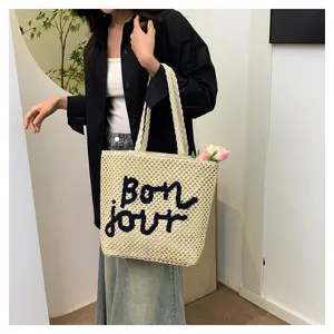 Women straw woven shoulder bag chic summer beach handbag with black letter embroidery design