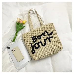 2025 New Fashion Letter Embroidery Straw Woven Tote Bag Casual Hollow Beach Shoulder Bag Women