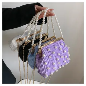 Sac de soirée plissé élégant avec poignée en perles et chaîne pour femmes chic