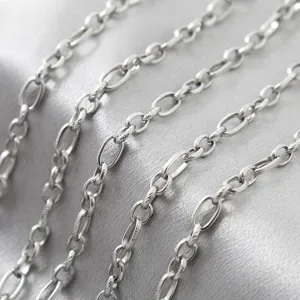 Stainless steel embossed cable chain detail shot, silver fashion necklace jewelry DIY accessory.
