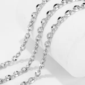Stainless steel metal lip chain detail view, silver polished finish DIY jewelry accessory.