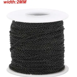Detail shot of black stainless steel flat cross chain spool, 2mm width for DIY jewelry making.