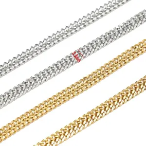 Stainless steel double curb chain detail view showing polished metal texture and links.
