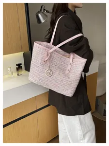 Stylish pink tweed tote bag for women, large capacity chic shoulder bag with metal charm.