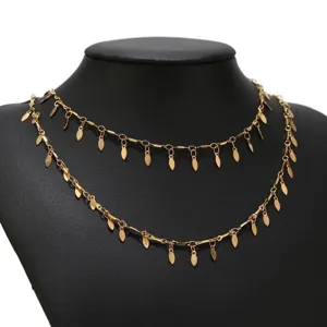 Double layer stainless steel 18K gold plated leaf pendant necklace women jewelry detail