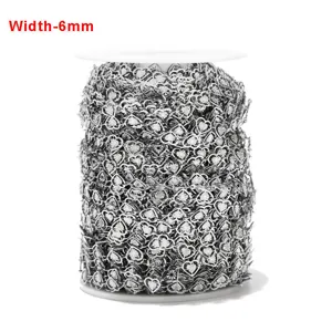 Stainless steel hollow heart chain spool for DIY jewelry making, 6mm width, silver color.