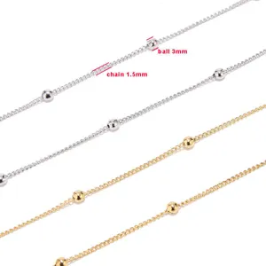 Stainless steel satellite bead chain detail, 1.5mm chain with 3mm beads for DIY jewelry making.