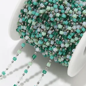 Stainless steel glass beaded chain mixed color DIY jewelry crafting necklace material roll.