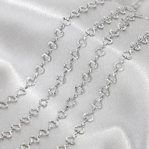 Stainless steel heart chain detail view, sparkling silver metallic finish for DIY jewelry making