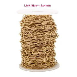Gold stainless steel embossed chain detail, 12x4mm link size for DIY jewelry making.