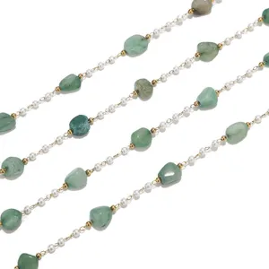 Chaîne de perles DIY en pierre verte irrégulière en acier inoxydable pour les bijoux