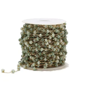 Green beaded gold chain detail view for DIY handmade jewelry and bracelet making supply.