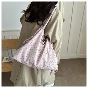 Bolso tote rosa de pana con diseño de estrellas, gran bolso de hombro casual para mujer.