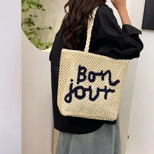 Women Straw Woven Tote Bag Casual Hollow Out Beach Handbag Stylish Letter Embroidered Vacation Shoulder Bag