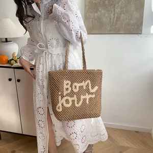 Stylish women straw woven shoulder bag vacation beach tote with chic letter embroidery