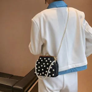 Élégante sac à main bandoulière chaîne perles plissé noir vue principale produit.