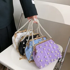 Élégant Perle Plissé Fermoir Baiser Chaîne Sac À Main Soirée Bandoulière Mode.