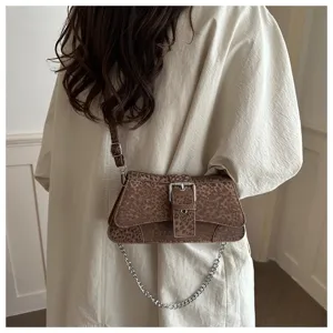 Brown leopard print shoulder bag stylish chain crossbody bag trendy underarm baguette bag