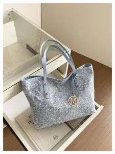 Chic blue tweed tote bag for women, large capacity stylish shoulder and underarm bag.
