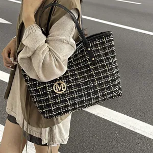 Black gold tweed shoulder bag large capacity casual chic underarm tote for women