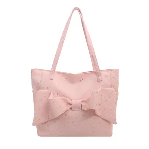 Borsa tote rosa da donna in stile coreano con fiocco e stelle argentate, borsa a spalla.