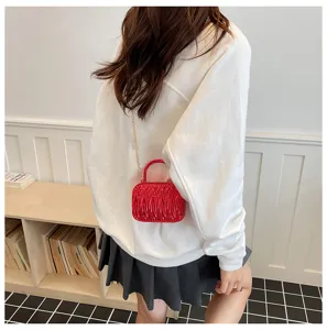 Chic mini pleated shoulder bag with chain strap, stylish retro women's handbag for daily wear.