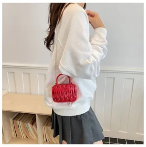 Red metallic pleated mini shoulder bag with chain strap chic vintage crossbody handbag