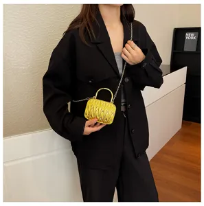 Mini metallic gold pleated shoulder bag with chain strap and metal handle for women.