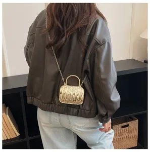 Mini pleated metallic crossbody bag with chain strap, chic vintage shoulder handbag for women