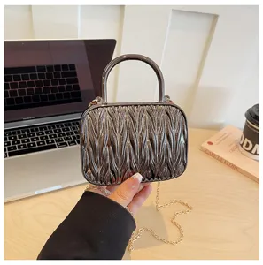 Mini metallic pleated top handle shoulder bag, stylish retro chain crossbody bag for women
