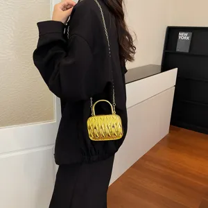 Mini pleated gold shoulder bag with chain strap and top handle for women daily fashion.