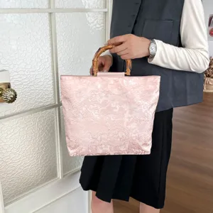 Chice rosa blumige Tasche mit Bambusgriff, lässige chinesische Stil Handtasche für Damen Ansicht