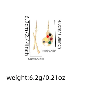 Detailed size chart of asymmetric paintbrush and palette earrings, showing dimensions and weight.