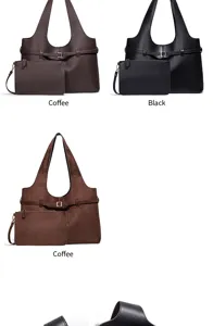 Zachte lederen shopper detailweergave, grote capaciteit casual schoudertas met stijlvolle gesp.