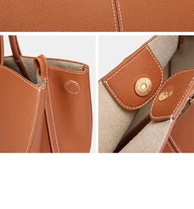 Klassische braune Ledertasche mit eleganter weißer Naht und sicherem Magnetverschluss.