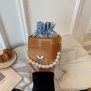 Fashion Denim Drawstring Bucket Bag With Pearl Handle Butterfly Decor PU Leather Small Square Shoulder Crossbody Bag Handbag