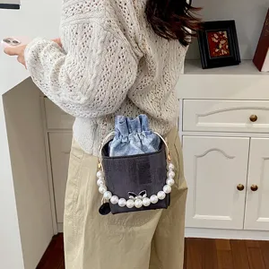 Women pearl bucket bag stylish bow crossbody chain handbag casual shoulder bag chic daily purse
