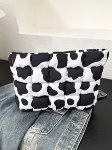 Dames Gewatteerd Luipaardprint Make-uptas Koe Zebra Motief Toiletzak Lichtgewicht Katoenen Handtas Organizer met Rits