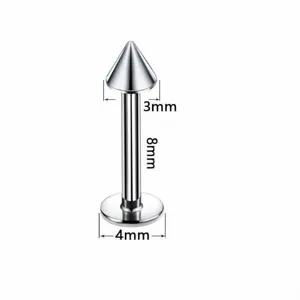 Stainless steel cone labret piercing detail view showing 3mm top, 8mm post, and 4mm base size.