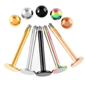 Stainless steel body piercing labret studs and ball parts in multiple vibrant assorted colors.