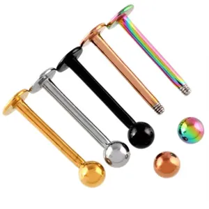 Detailed view of stainless steel labret piercing jewelry, multi-color body piercing stud.