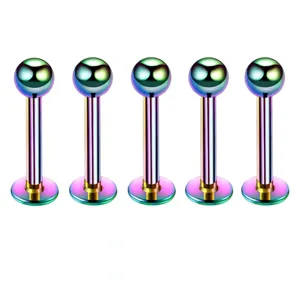 Multi-color stainless steel labret stud body piercing jewelry clear close up view.