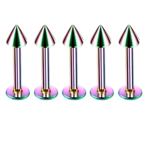 Stainless steel rainbow cone lip stud piercing body jewelry set for fashion punk hip hop style.