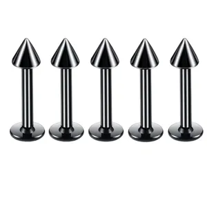 Stainless steel black cone labret studs detail view, body piercing jewelry set for daily wear.