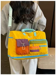 Colorful dopamine travel duffel bag detail, large capacity multi-pocket design for storage.