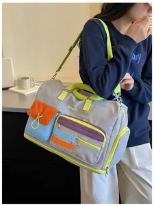 Color-block dopamine travel duffel bag, large capacity short trip bag, detail view showcase.