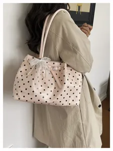 Borsa a spalla rosa a pois in stile Coreano con fiocco in pizzo e perle per le donne.