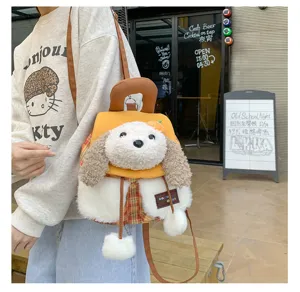 Sac à dos en peluche chien mignon style japonais doux sac d'école avec cravate à carreaux.